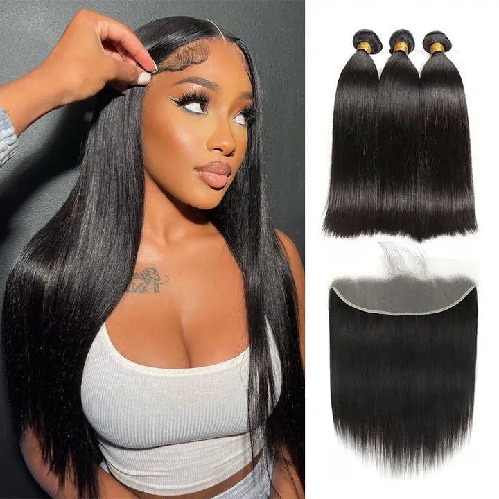Lot de 3 mèches de cheveux vierges lisses avec dentelle frontale transparente 13x4 pré-épilée 