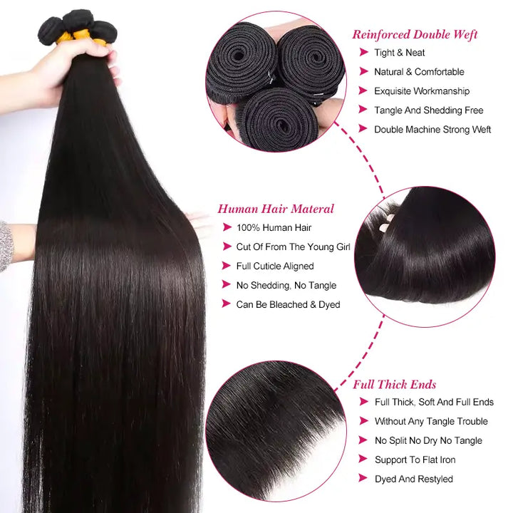Lot de 3 mèches de cheveux vierges lisses avec dentelle frontale transparente 13x4 pré-épilée 