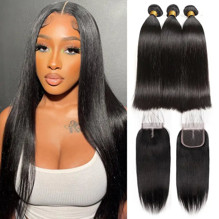 Lot de 3 mèches de cheveux vierges lisses avec fermeture en dentelle transparente 4x4, pré-épilées 