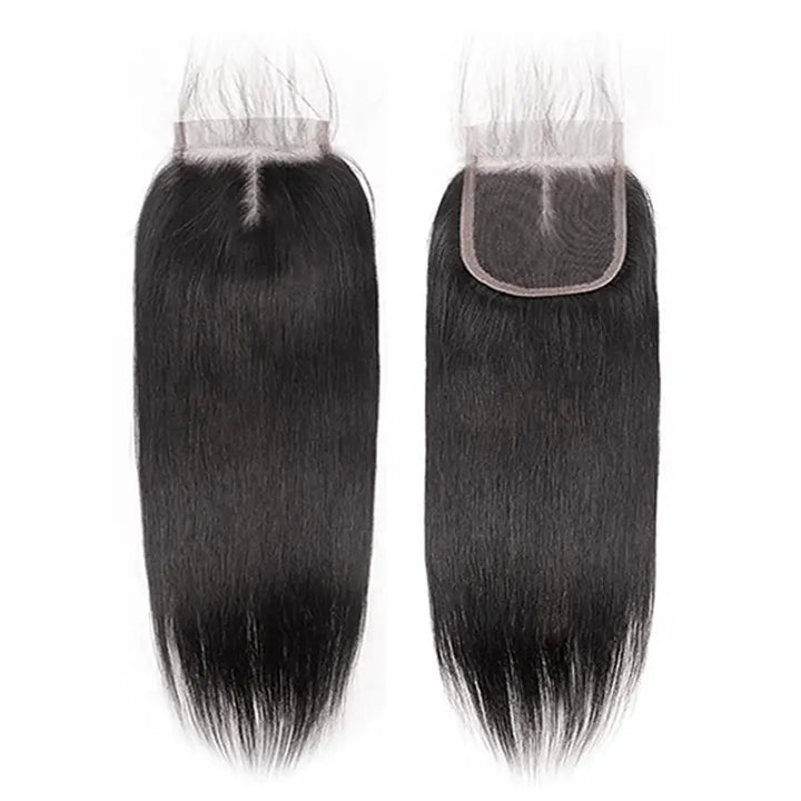 Lot de 3 mèches de cheveux vierges lisses avec fermeture en dentelle transparente 4x4, pré-épilées 