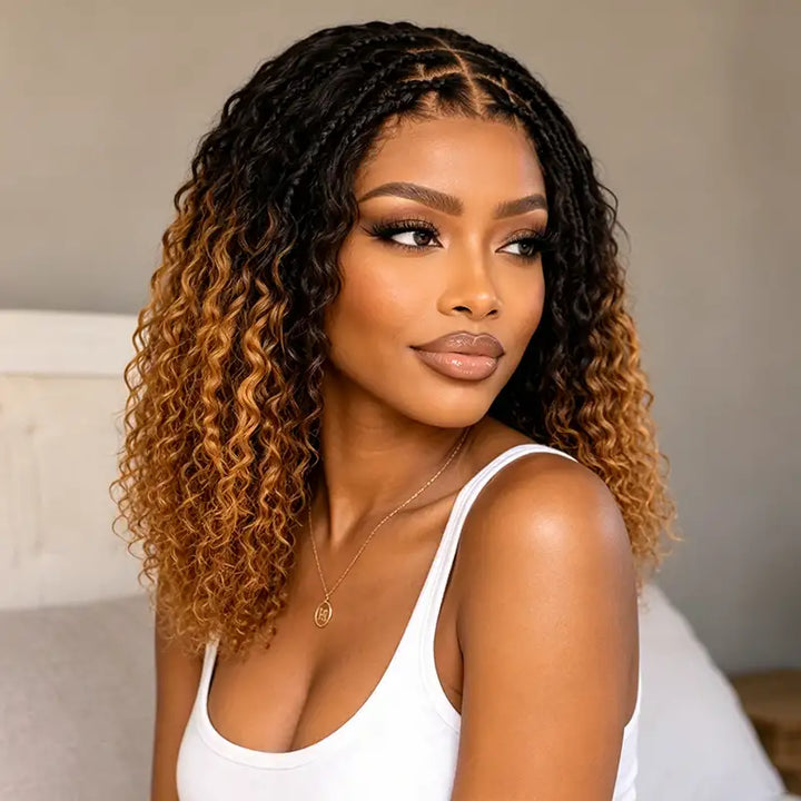 T1B/30 Boho-Inspired Braided Top Curly 5x5 Glueless Human Hair Wig