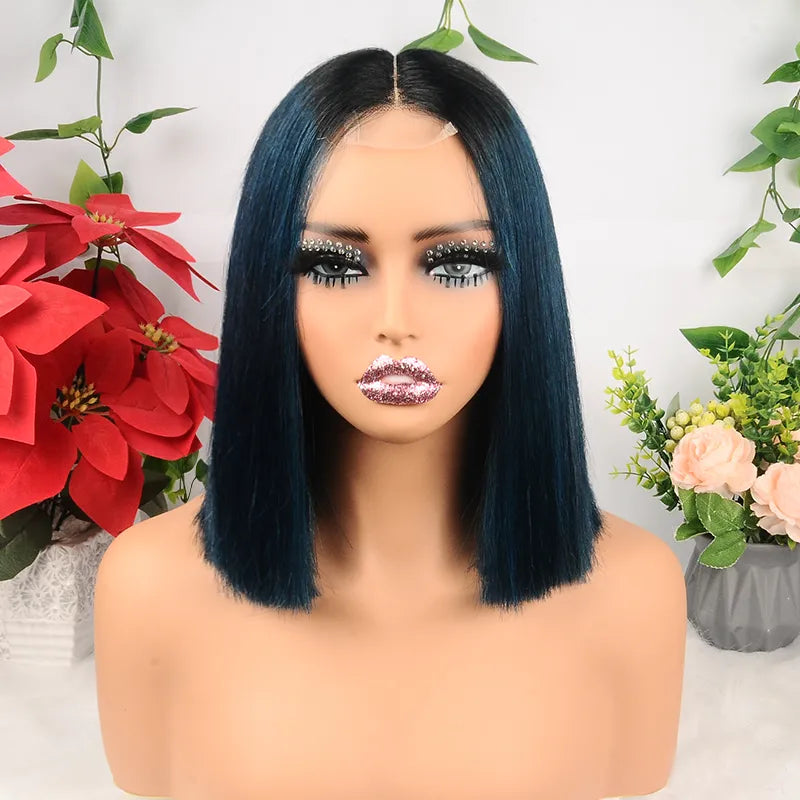 Ombre 1B Green Straight Hair 2x6 Lace Closure 8 Inch 200% Density Short Wig