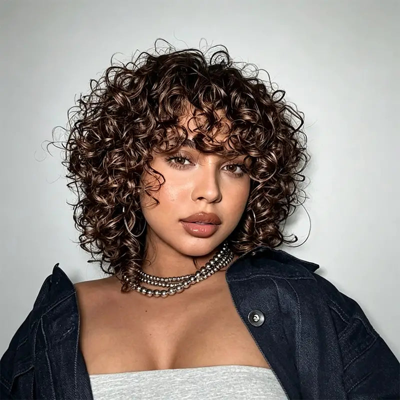 Egg Roll Bob Curly #1B Human Hair Wigs With Bang