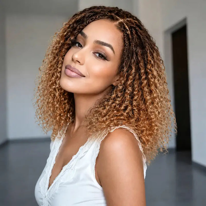 Ombre T4/27 Boho Braided Curly Wig Ready to Wear Glueless 5x5 HD Lace Closure Human Hair Wig