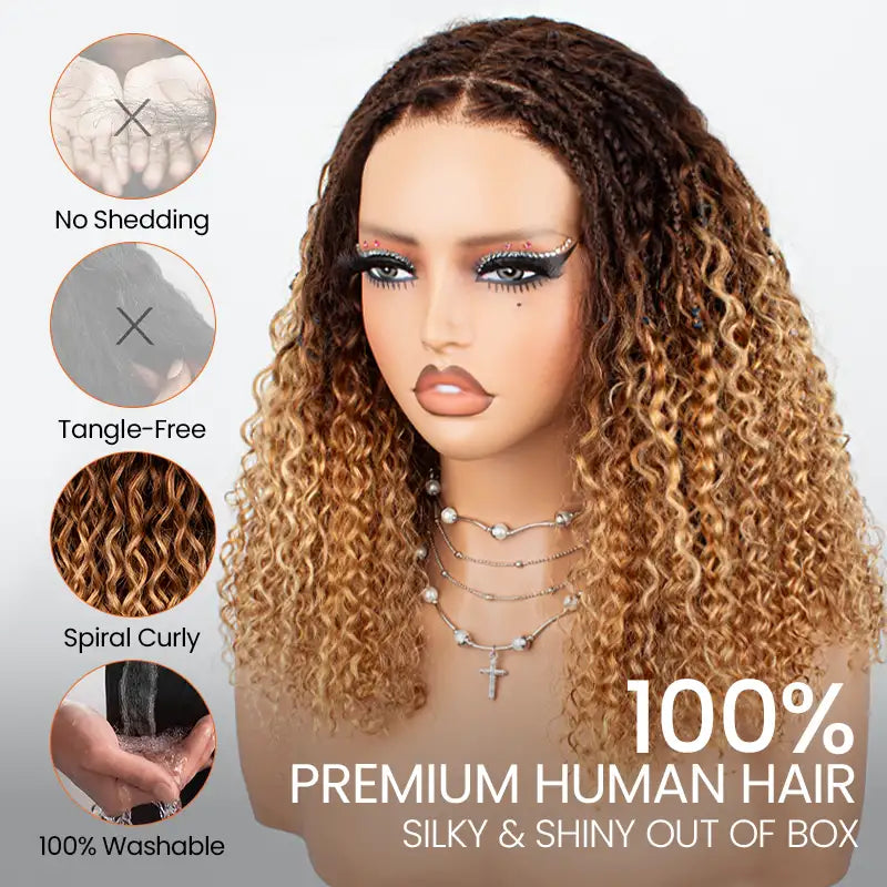 Ombre T4/27 Boho Braided Curly Wig Ready to Wear Glueless 5x5 HD Lace Closure Human Hair Wig