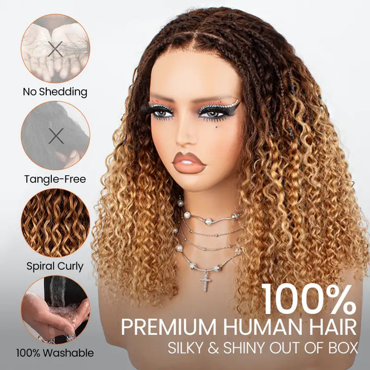 Ombre T4/27 Boho Braided Curly Wig Ready to Wear Glueless 5x5 HD Lace Closure Human Hair Wig
