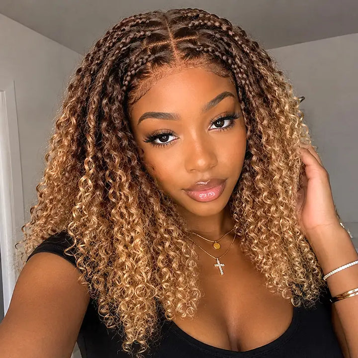 Ombre T4/27 Boho Braided Curly Wig Ready to Wear Glueless 5x5 HD Lace Closure Human Hair Wig