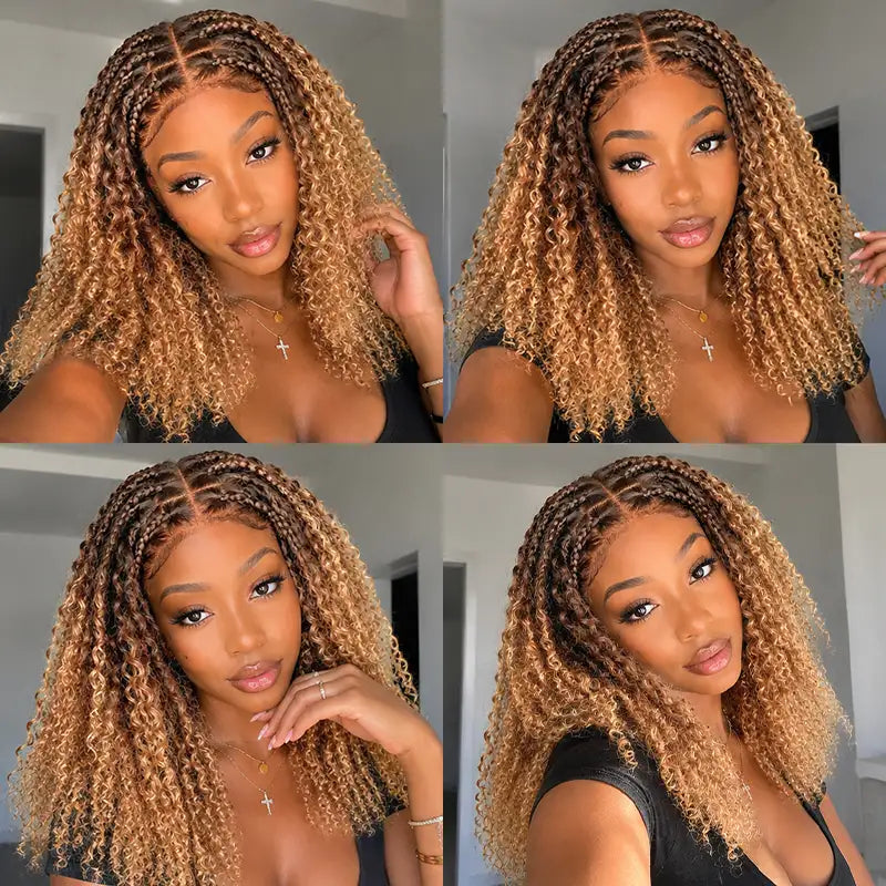 Ombre T4/27 Boho Braided Curly Wig Ready to Wear Glueless 5x5 HD Lace Closure Human Hair Wig