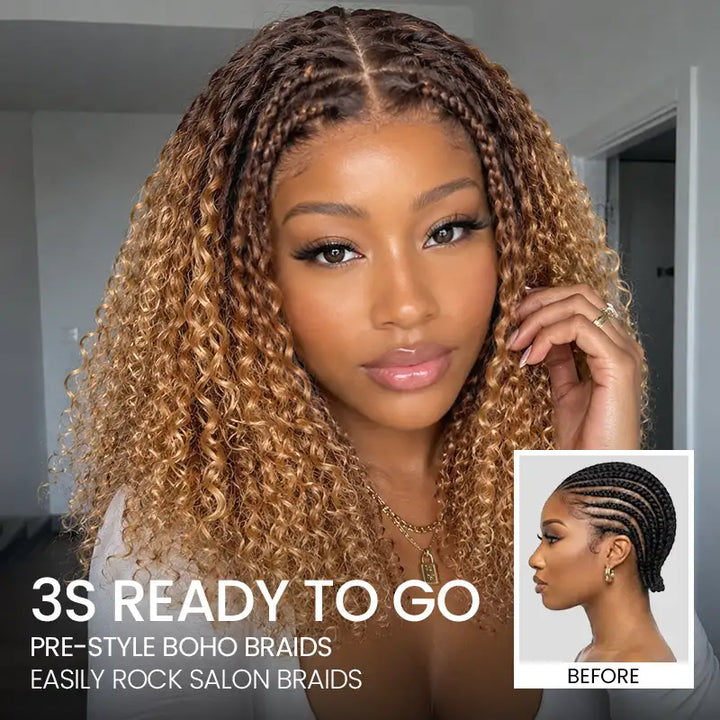 Ombre T4/27 Boho Braided Curly Wig Ready to Wear Glueless 5x5 HD Lace Closure Human Hair Wig
