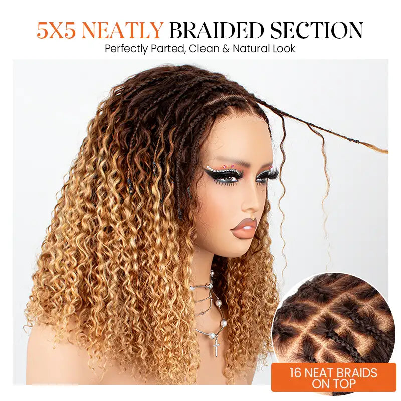 Ombre T4/27 Boho Braided Curly Wig Ready to Wear Glueless 5x5 HD Lace Closure Human Hair Wig