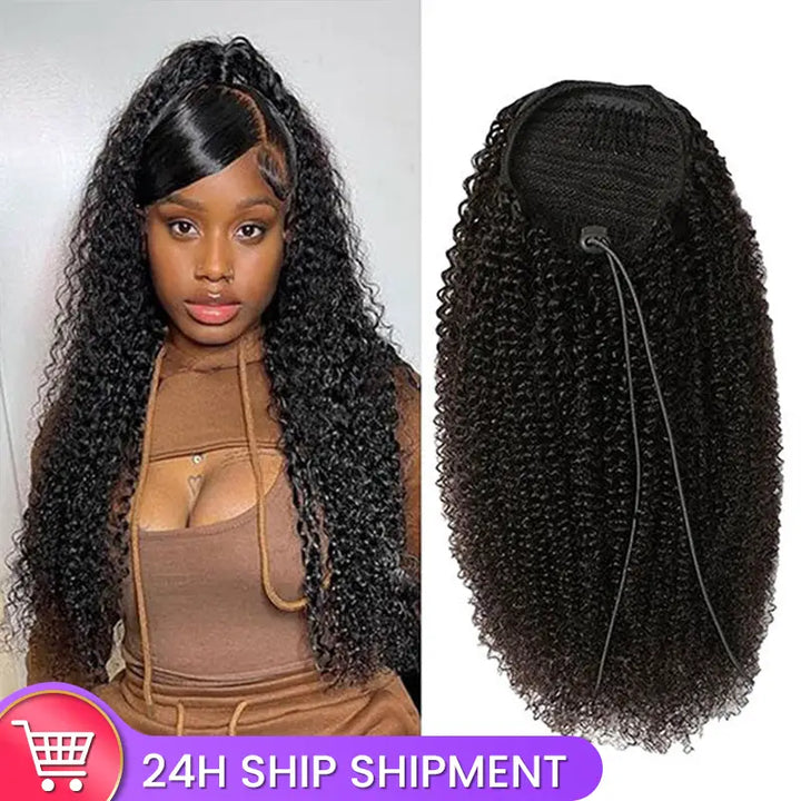 Extensión de cola de caballo de cabello humano rizado Jerry con cordón vigoroso para mujeres 
