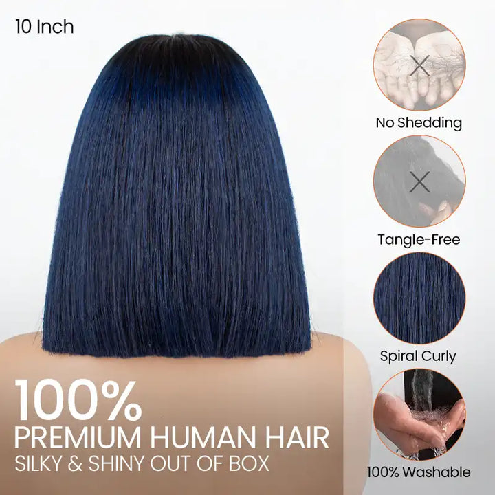 Peluca Bob de cabello lacio azul ombré 1B, cierre de encaje 2x6, 8 pulgadas, densidad 200 % 