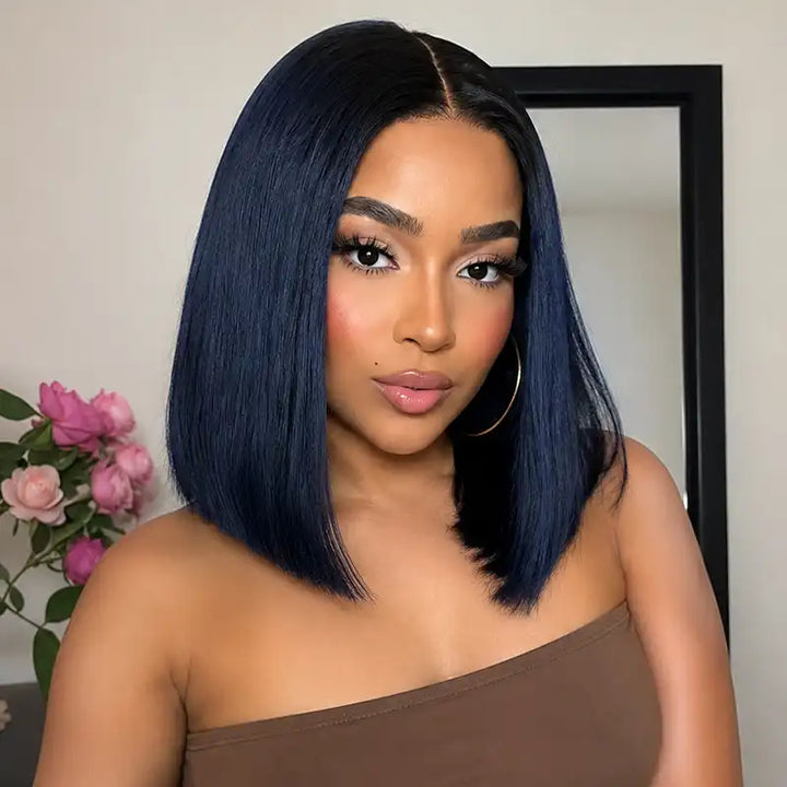Ombre 1B Blue Straight Hair 2x6 Lace Closure 8 Inch 200% Density Bob Wig