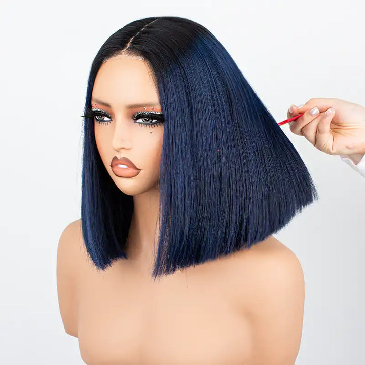 Peluca Bob de cabello lacio azul ombré 1B, cierre de encaje 2x6, 8 pulgadas, densidad 200 % 