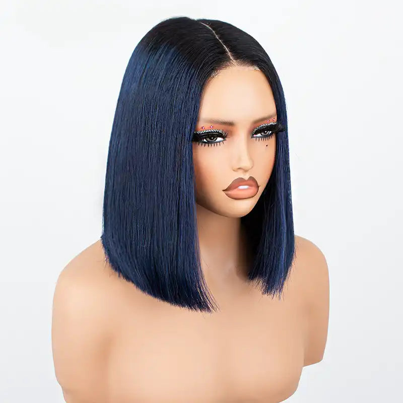 Peluca Bob de cabello lacio azul ombré 1B, cierre de encaje 2x6, 8 pulgadas, densidad 200 % 