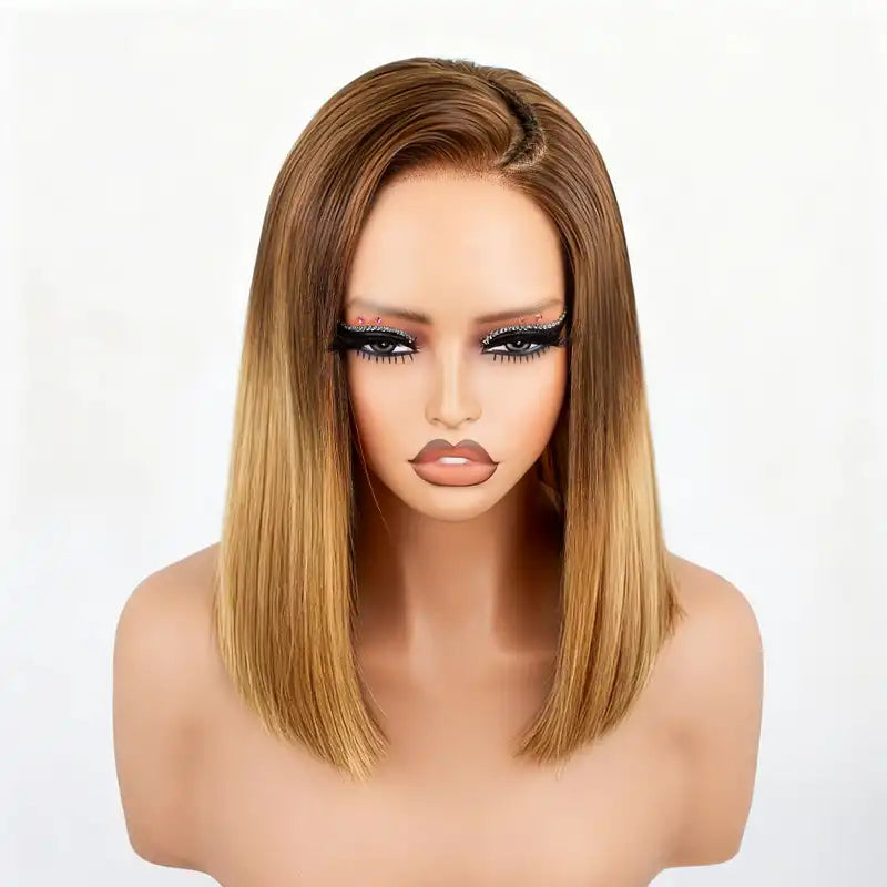Side Braided Silky Straight Honey Blonde Glueless Bob 6x6 Lace Wig Human Hair