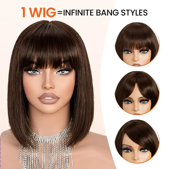 Chocolate Brown Bob Short Straight Human Hair Wig With Bang