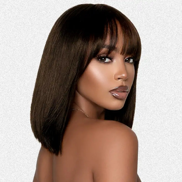 Chocolate Brown Bob Short Straight Human Hair Wig With Bang