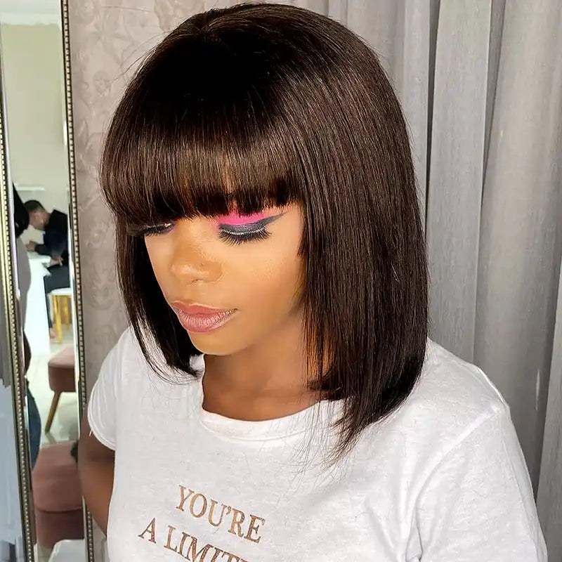 Chocolate Brown Bob Short Straight Human Hair Wig With Bang