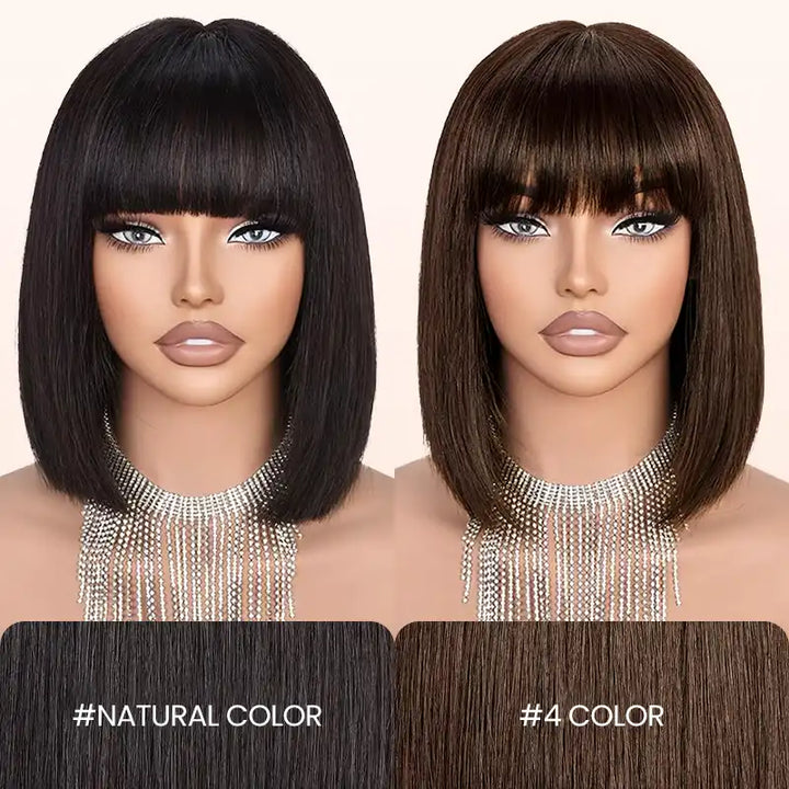 Chocolate Brown Bob Short Straight Human Hair Wig With Bang