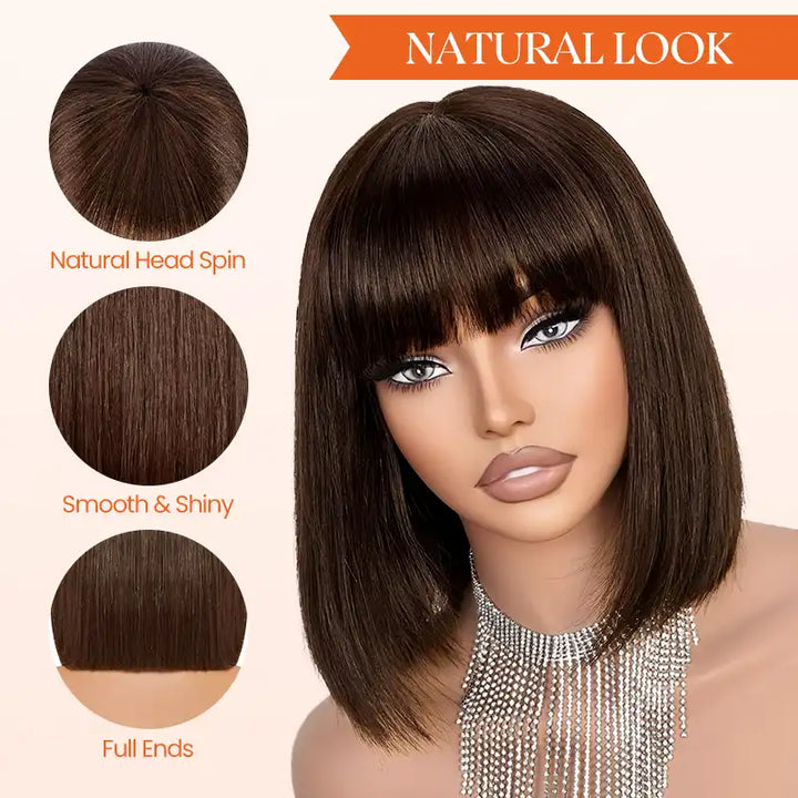 Chocolate Brown Bob Short Straight Human Hair Wig With Bang