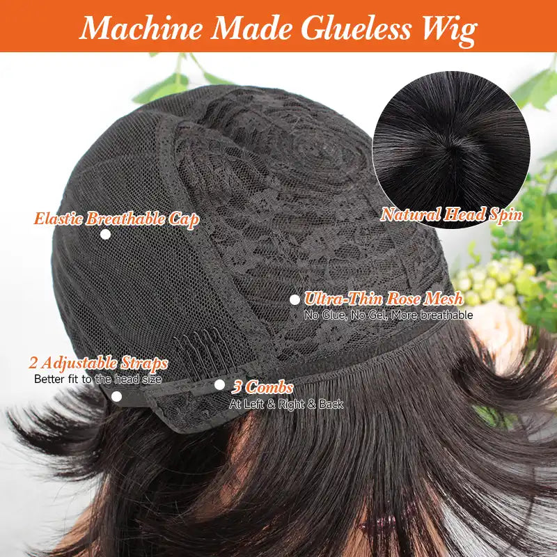 Peluca de cabello humano liso corto bob #1B con flequillo 