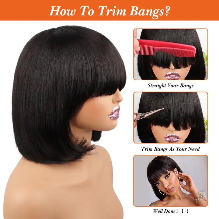 Peluca de cabello humano liso corto bob #1B con flequillo 