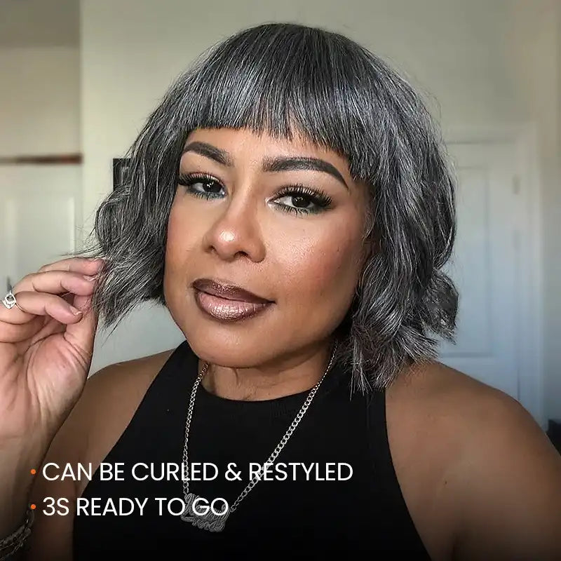 Put On and Go Salt and Pepper Bob Glueless Minimalist Grey Wig with Bang