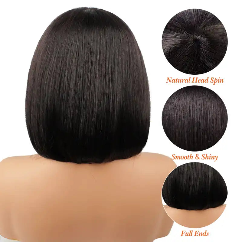 Peluca de cabello humano liso corto bob #1B con flequillo 