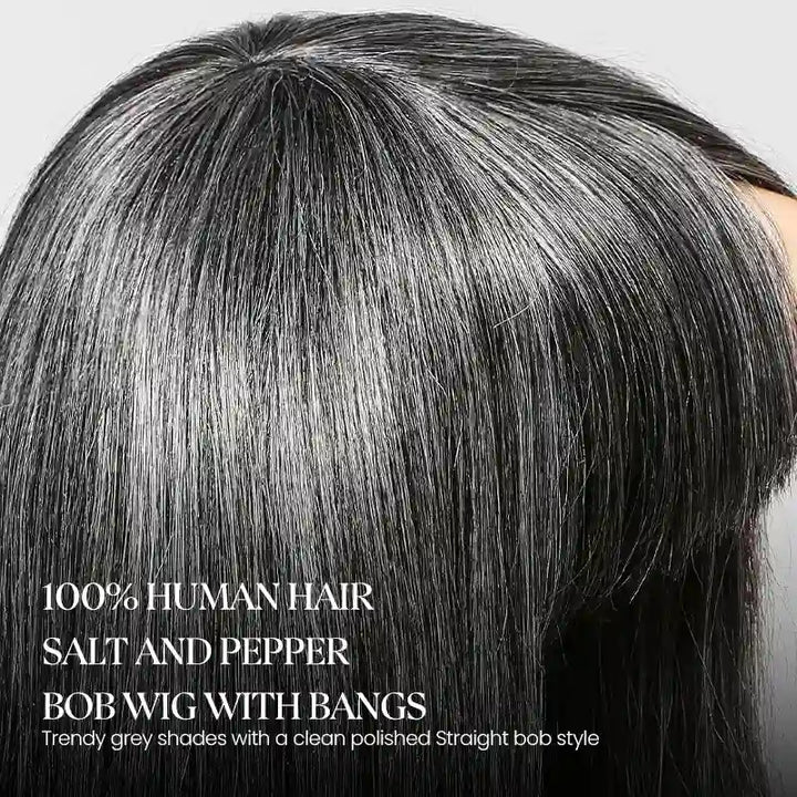 Put On and Go Salt and Pepper Bob Glueless Minimalist Grey Wig with Bang