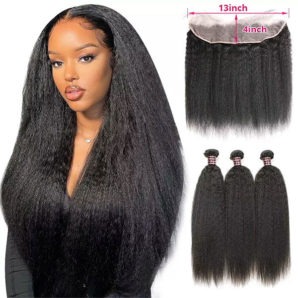 Kinky Straight 3 Bundles with 13x4 Lace Frontal Transparent Human Hair