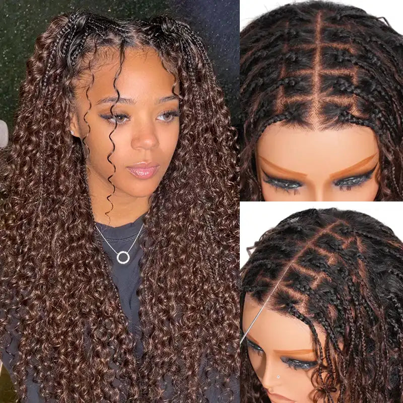 Chocolate Brown Boho Braided Deep Curly Glueless 5x5 Lace Human Hair Wig