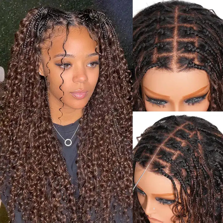 Chocolate Brown Boho Braided Deep Curly Glueless 5x5 Lace Human Hair Wig