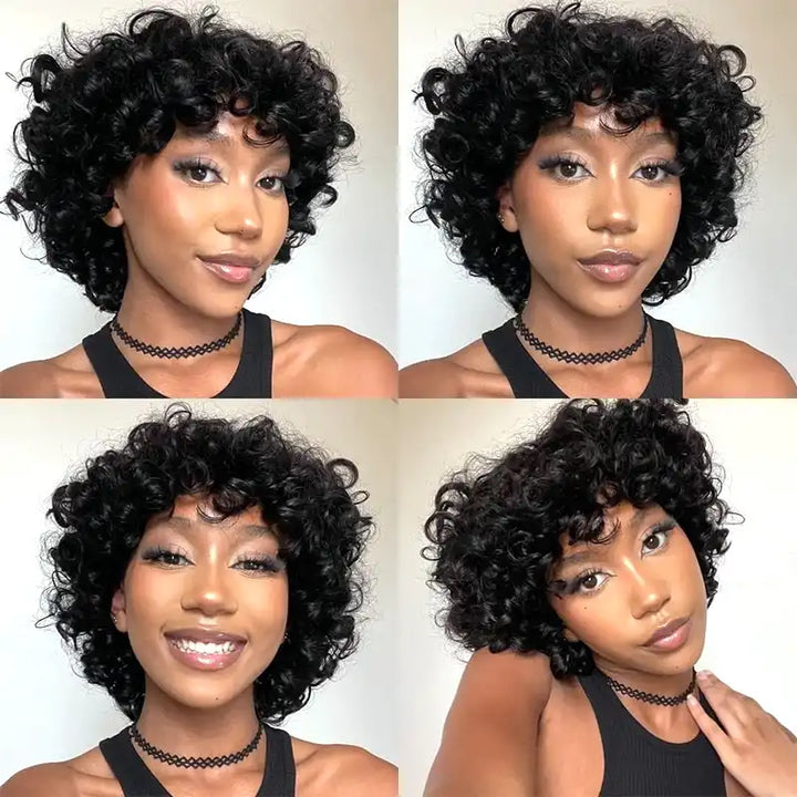 Egg Roll Bob Curly #1B Human Hair Wigs With Bang
