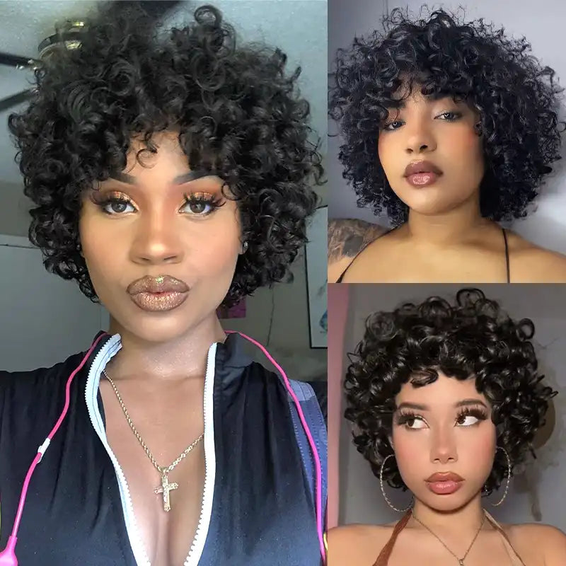 Egg Roll Bob Curly #1B Human Hair Wigs With Bang