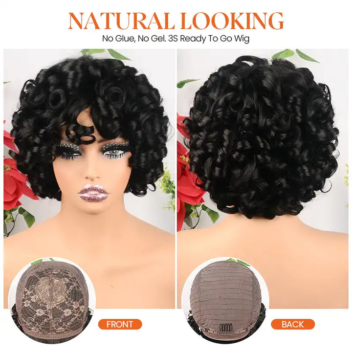 Egg Roll Bob Curly #1B Human Hair Wigs With Bang