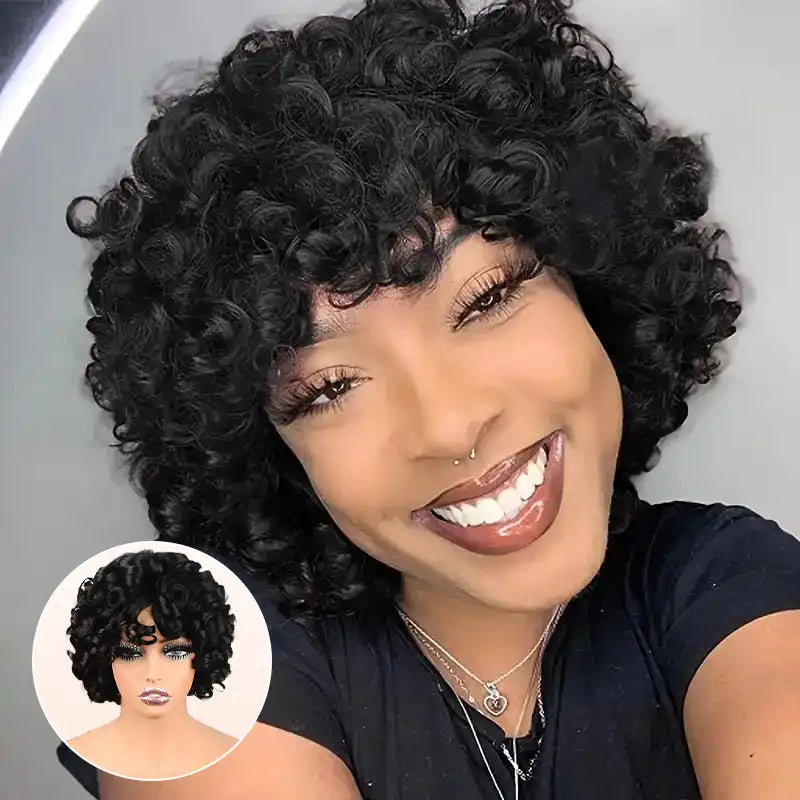 Egg Roll Bob Curly #1B Human Hair Wigs With Bang