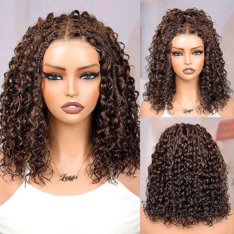 Readitress™ Chocolate Brown Boho Braided Deep Curly Glueless 5x5 Lace Human Hair Wig