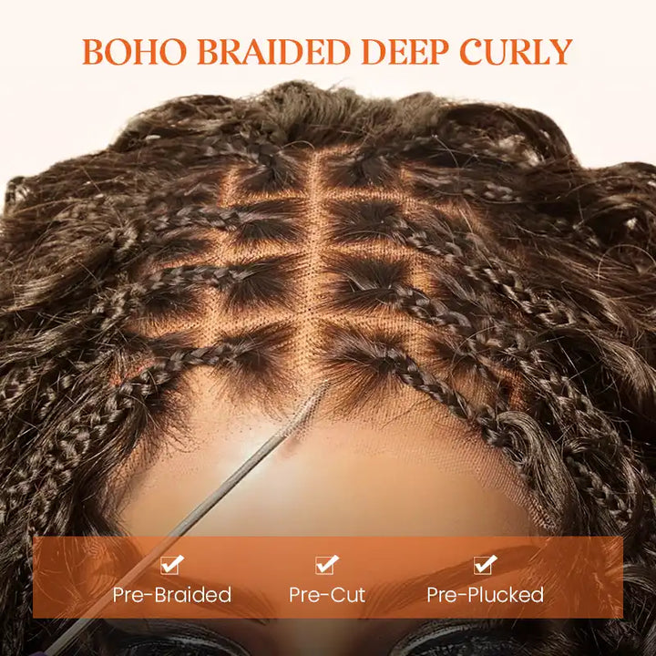 Readitress™ Chocolate Brown Boho Braided Deep Curly Glueless 5x5 Lace Human Hair Wig