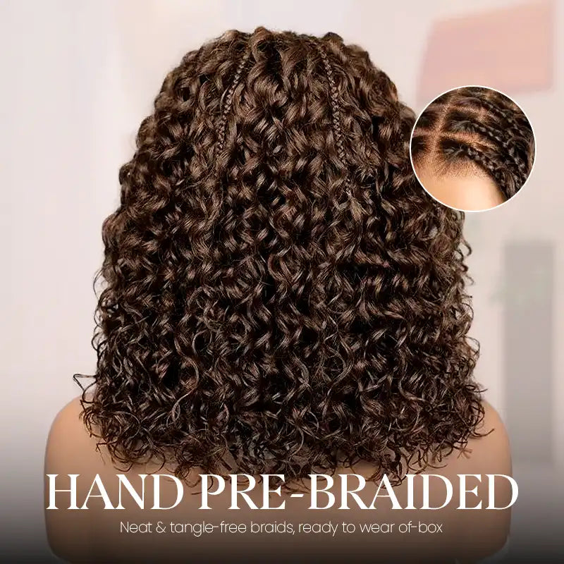 Readitress™ Chocolate Brown Boho Braided Deep Curly Glueless 5x5 Lace Human Hair Wig