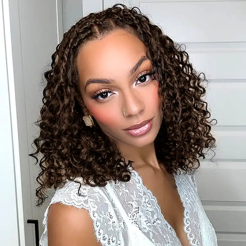 Readitress™ Chocolate Brown Boho Braided Deep Curly Glueless 5x5 Lace Human Hair Wig