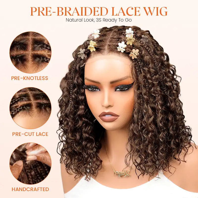 Readitress™ Chocolate Brown Boho Braided Deep Curly Glueless 5x5 Lace Human Hair Wig