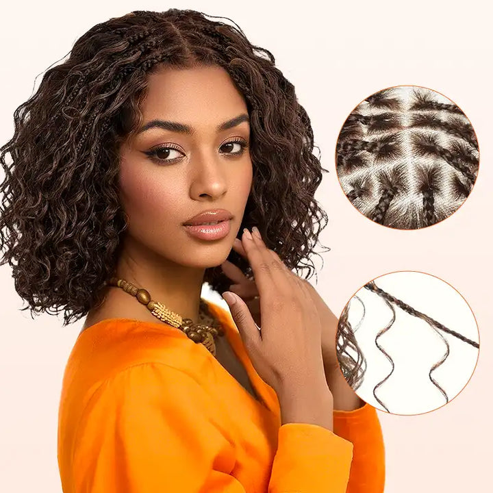 Readitress™ Chocolate Brown Boho Braided Deep Curly Glueless 5x5 Lace Human Hair Wig