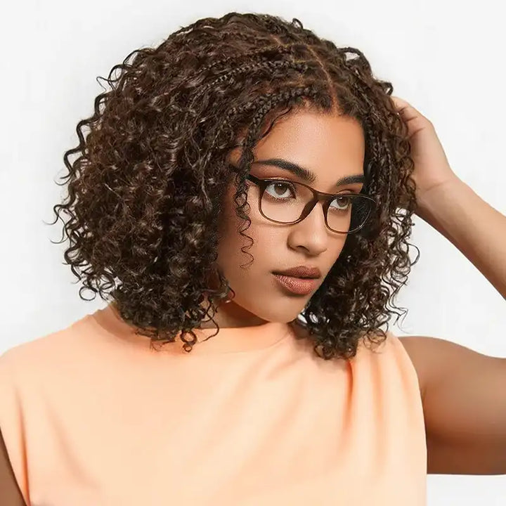 Readitress™ Chocolate Brown Boho Braided Deep Curly Glueless 5x5 Lace Human Hair Wig