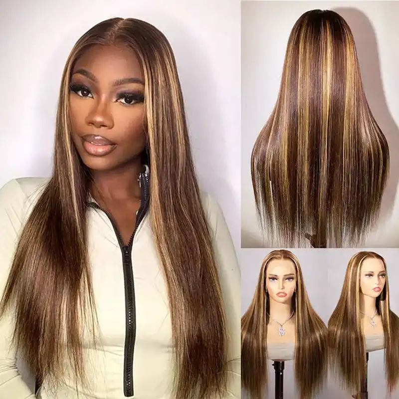 Piano Colored Hair 13x4 Transparent Lace Frontal Straight Wig
