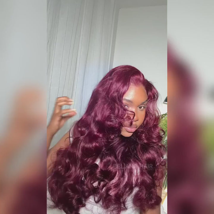 Full Bouncy Curls 3D Body Wave, Dark 99J 13x4 Lace Front Wig, Pre-Plucked