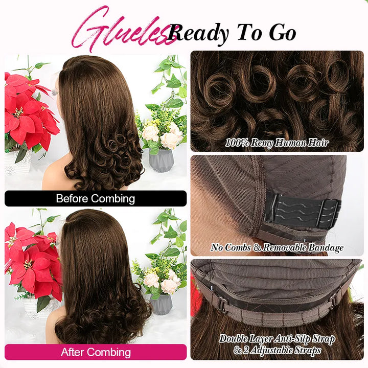 Perruque lace front transparente Pear Roll, cheveux brun chocolat, 33 x 10 cm, 45 cm 