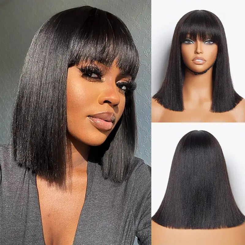 Put On & Go Realistic Yaki Bob with Bangs Human Hair Wig – Beginner Friendly